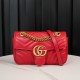 Gucci Marmont Large Red Messenger Bag, Small Size, with Leather Top Handle and Chain Shoulder Strap, Stitched V-Shaped Leather Material