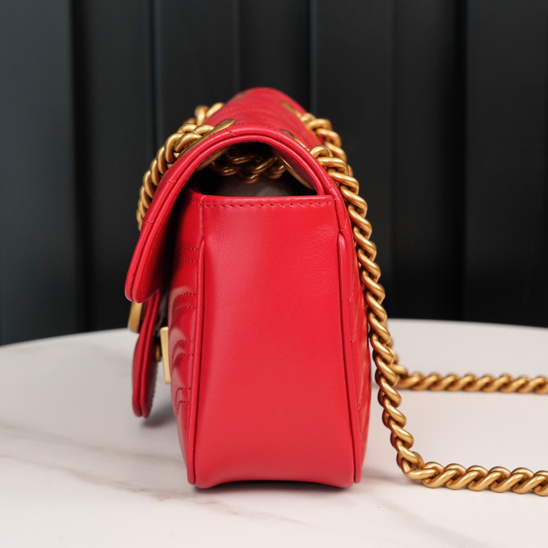 Gucci Marmont Large Red Messenger Bag, Small Size, with Leather Top Handle and Chain Shoulder Strap, Stitched V-Shaped Leather Material