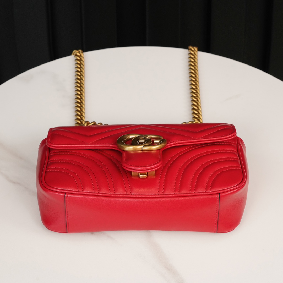 Gucci Marmont Large Red Messenger Bag, Small Size, with Leather Top Handle and Chain Shoulder Strap, Stitched V-Shaped Leather Material