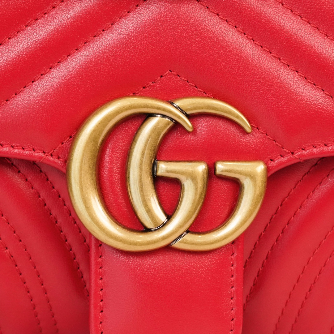 Gucci Marmont Large Red Messenger Bag, Small Size, with Leather Top Handle and Chain Shoulder Strap, Stitched V-Shaped Leather Material