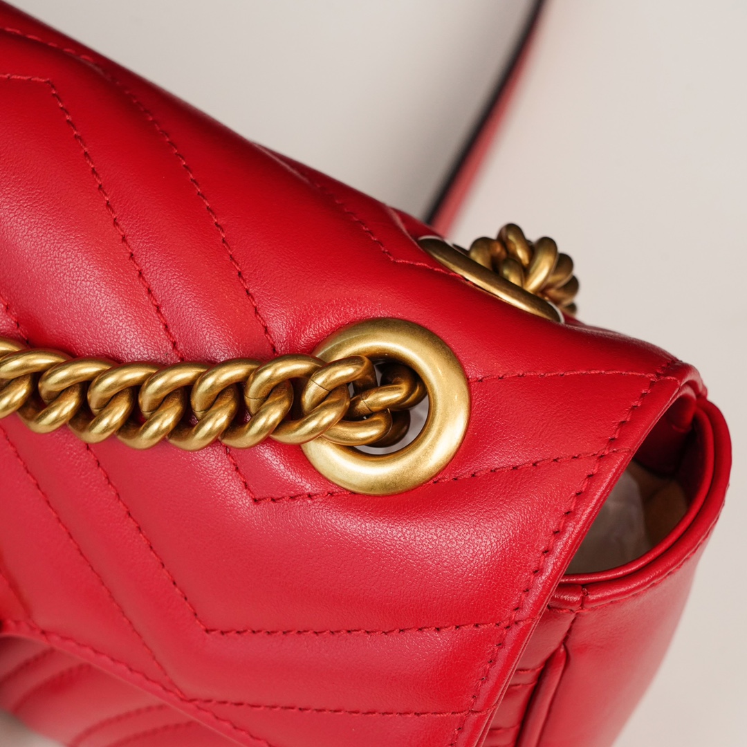 Gucci Marmont Large Red Messenger Bag, Small Size, with Leather Top Handle and Chain Shoulder Strap, Stitched V-Shaped Leather Material