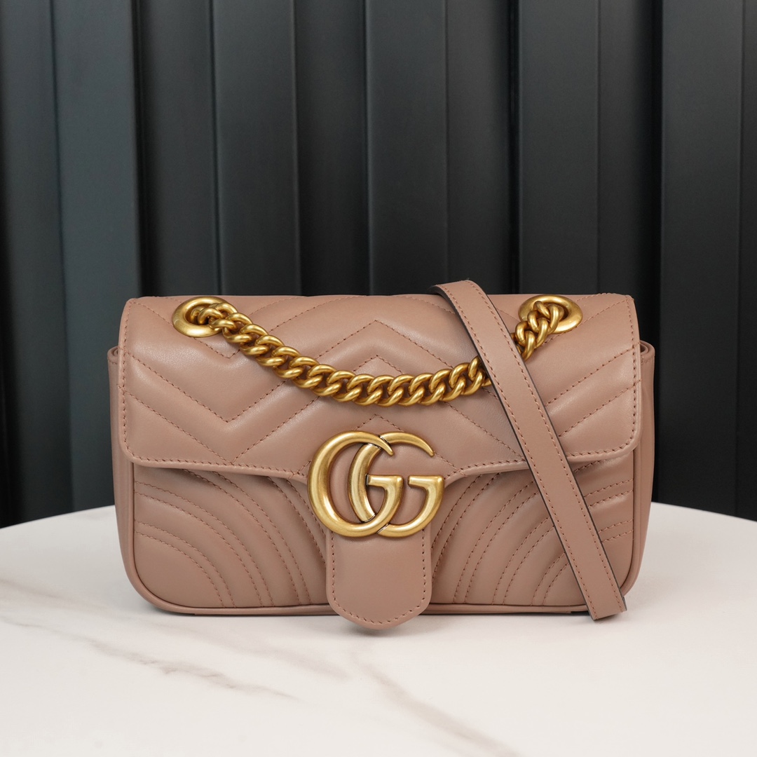 Gucci Marmont Messenger Bag in Milk Tea Brown, Small Size, with Leather Top Handle and Chain Shoulder Strap, Stitched V-Shaped Leather Material