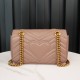 Gucci Marmont Messenger Bag in Milk Tea Brown, Small Size, with Leather Top Handle and Chain Shoulder Strap, Stitched V-Shaped Leather Material