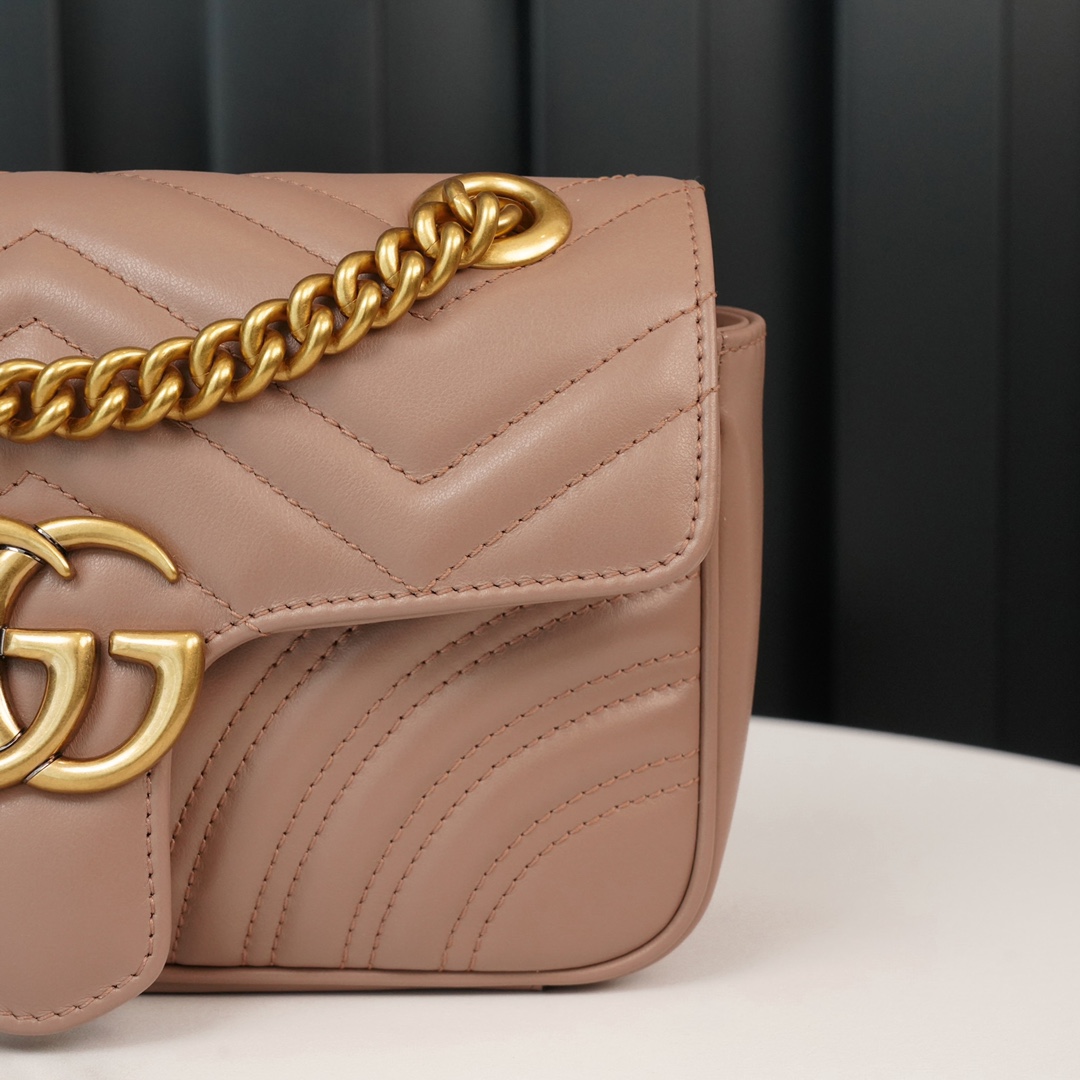 Gucci Marmont Messenger Bag in Milk Tea Brown, Small Size, with Leather Top Handle and Chain Shoulder Strap, Stitched V-Shaped Leather Material