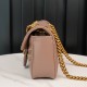 Gucci Marmont Messenger Bag in Milk Tea Brown, Small Size, with Leather Top Handle and Chain Shoulder Strap, Stitched V-Shaped Leather Material