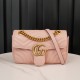 Gucci Marmont Messenger Bag in Pink, Small Size, with Leather Top Handle and Chain Shoulder Strap, Stitched V-Shaped Leather Material