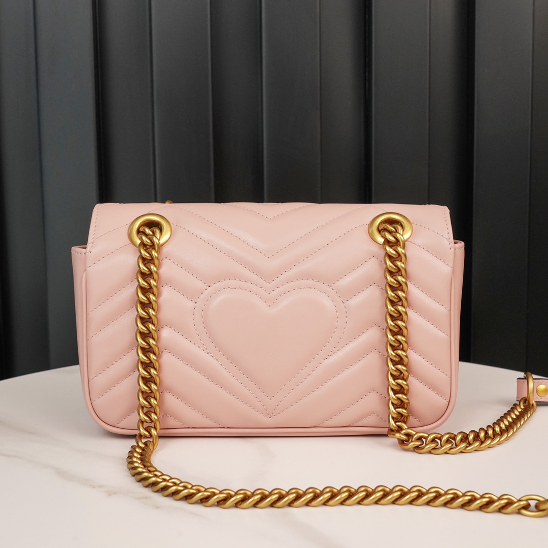 Gucci Marmont Messenger Bag in Pink, Small Size, with Leather Top Handle and Chain Shoulder Strap, Stitched V-Shaped Leather Material