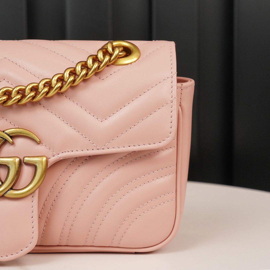 Gucci Marmont Messenger Bag in Pink, Small Size, with Leather Top Handle and Chain Shoulder Strap, Stitched V-Shaped Leather Material