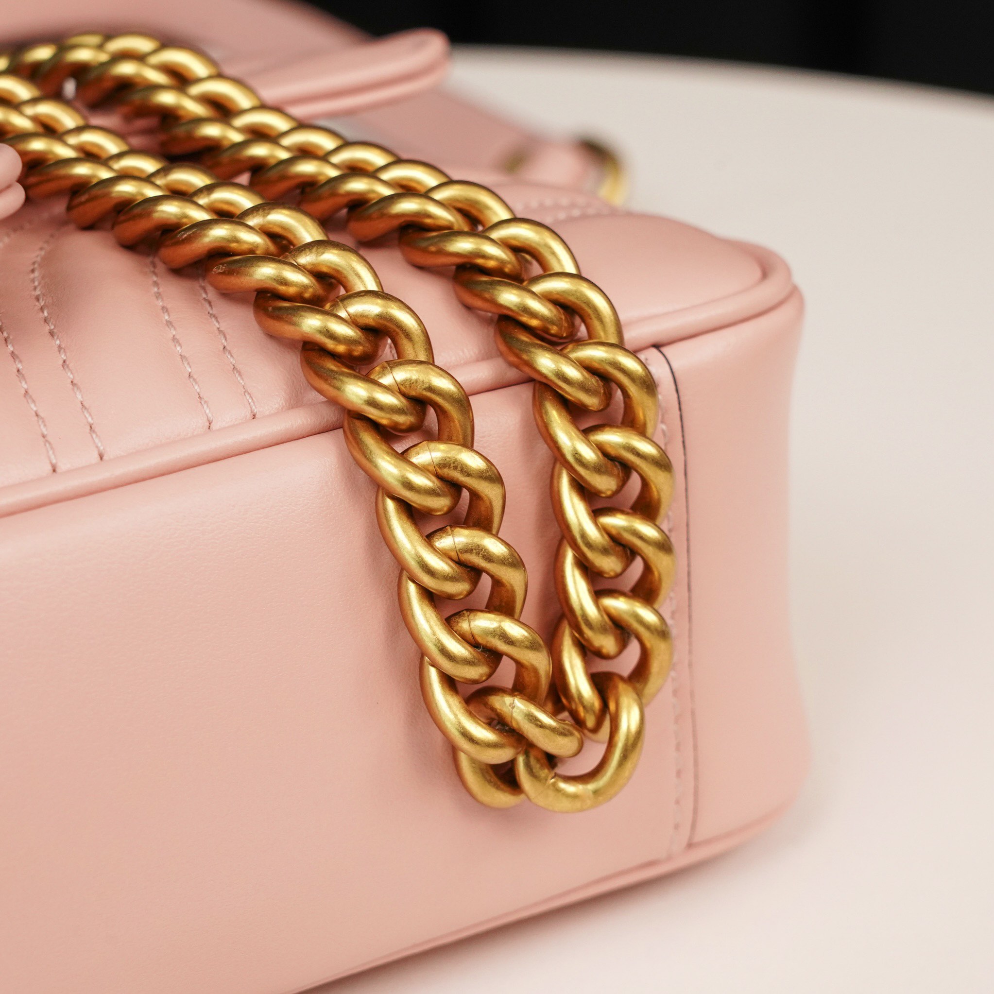 Gucci Marmont Messenger Bag in Pink, Small Size, with Leather Top Handle and Chain Shoulder Strap, Stitched V-Shaped Leather Material