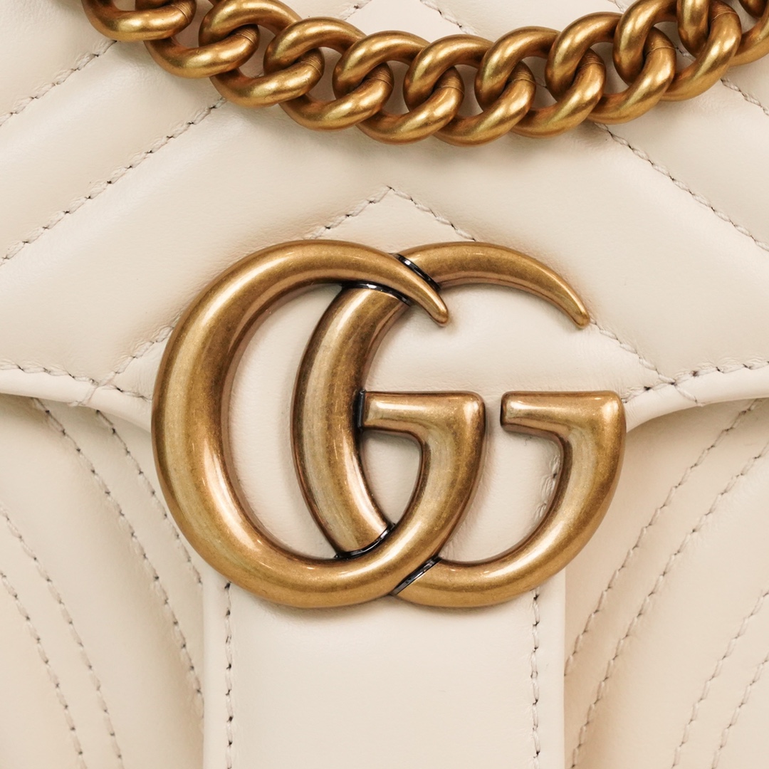 Gucci Marmont Messenger Bag in White, Small Size, with Leather Top Handle and Chain Shoulder Strap, Stitched V-Shaped Leather Material