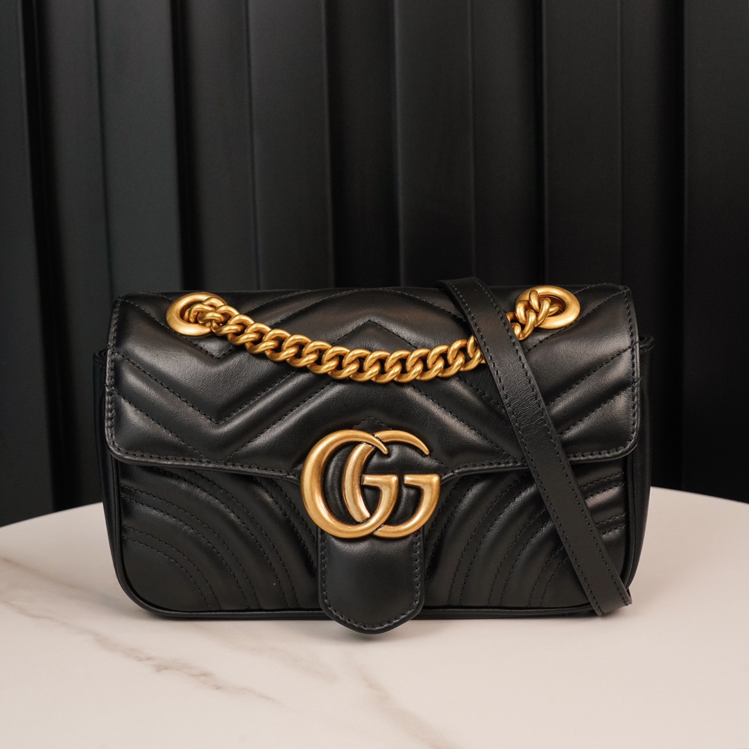 Gucci Marmont Messenger Bag in Black, Small Size, with Leather Top Handle and Chain Shoulder Strap, Stitched V-Shaped Leather Material