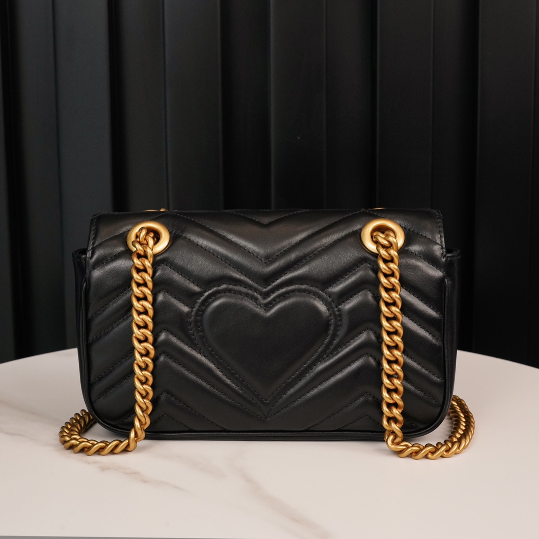 Gucci Marmont Messenger Bag in Black, Small Size, with Leather Top Handle and Chain Shoulder Strap, Stitched V-Shaped Leather Material