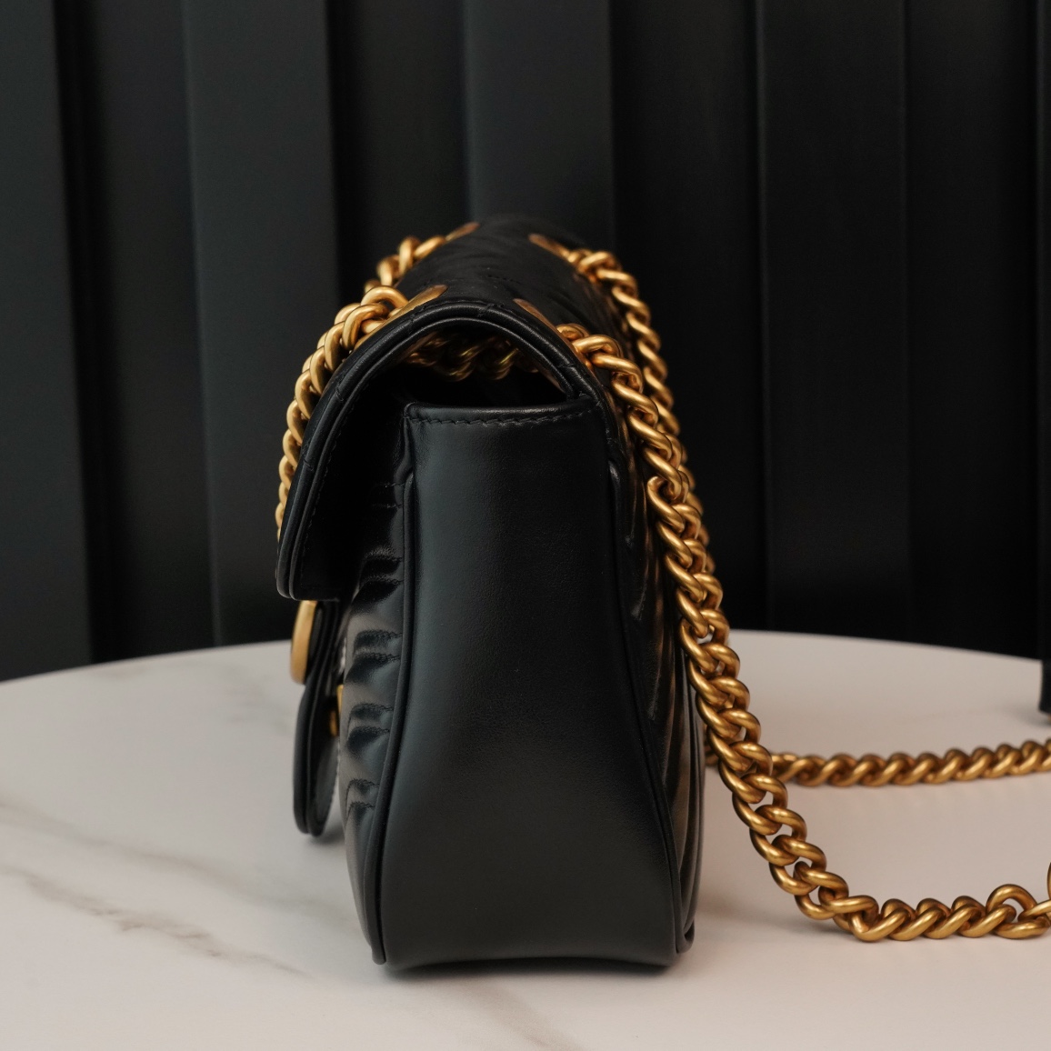 Gucci Marmont Messenger Bag in Black, Small Size, with Leather Top Handle and Chain Shoulder Strap, Stitched V-Shaped Leather Material