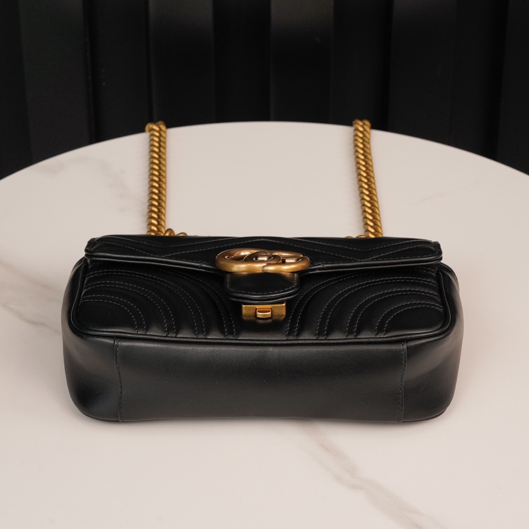 Gucci Marmont Messenger Bag in Black, Small Size, with Leather Top Handle and Chain Shoulder Strap, Stitched V-Shaped Leather Material