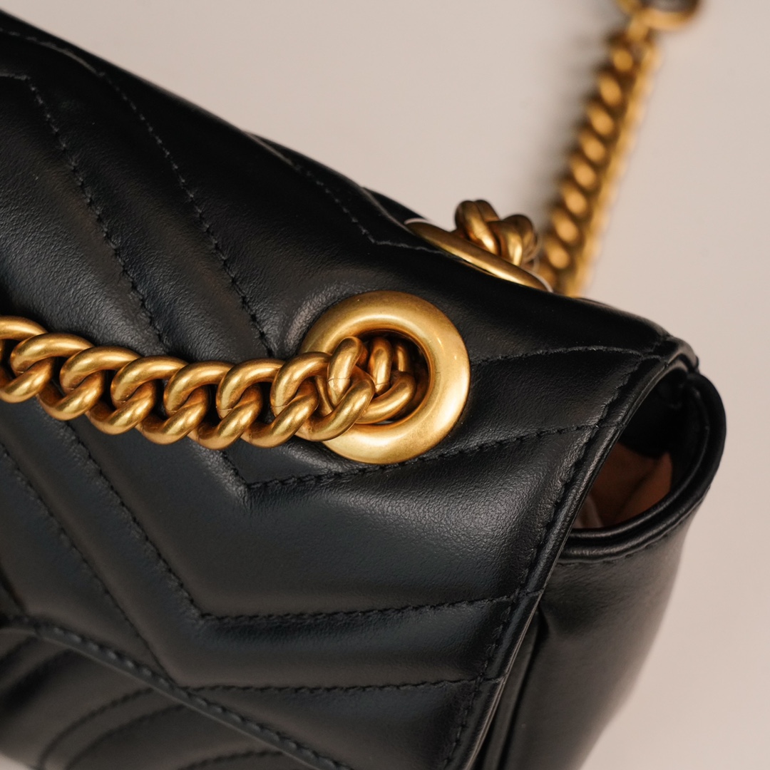 Gucci Marmont Messenger Bag in Black, Small Size, with Leather Top Handle and Chain Shoulder Strap, Stitched V-Shaped Leather Material