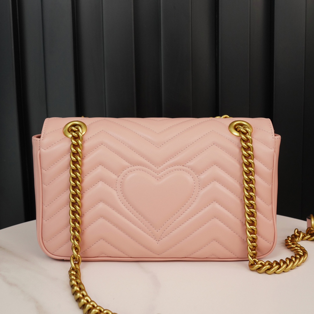 Gucci Marmont Sakura Pink, Large Size, with Leather Top Handle and Chain Shoulder Strap, Stitched V-Shaped Leather Material