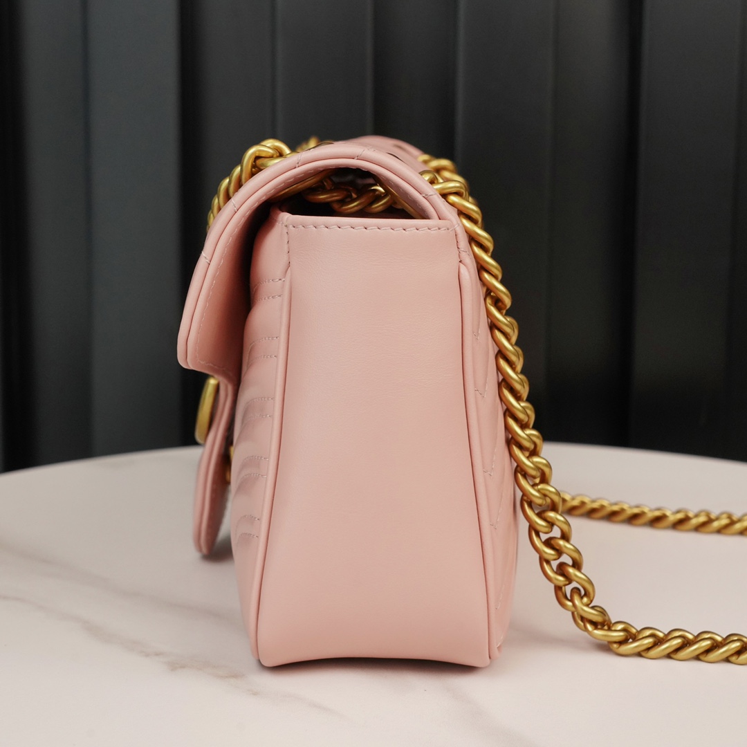 Gucci Marmont Sakura Pink, Large Size, with Leather Top Handle and Chain Shoulder Strap, Stitched V-Shaped Leather Material