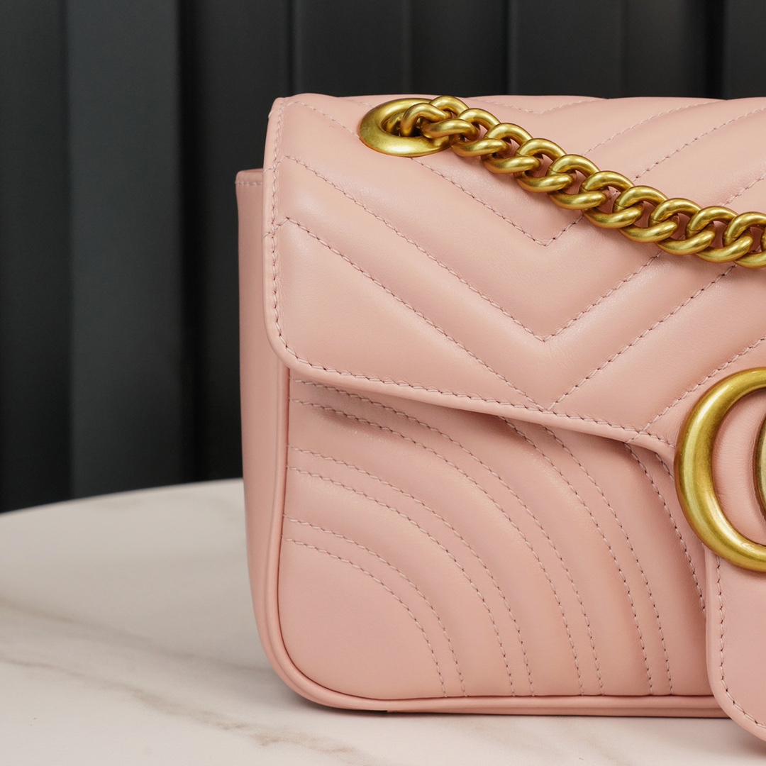 Gucci Marmont Sakura Pink, Large Size, with Leather Top Handle and Chain Shoulder Strap, Stitched V-Shaped Leather Material