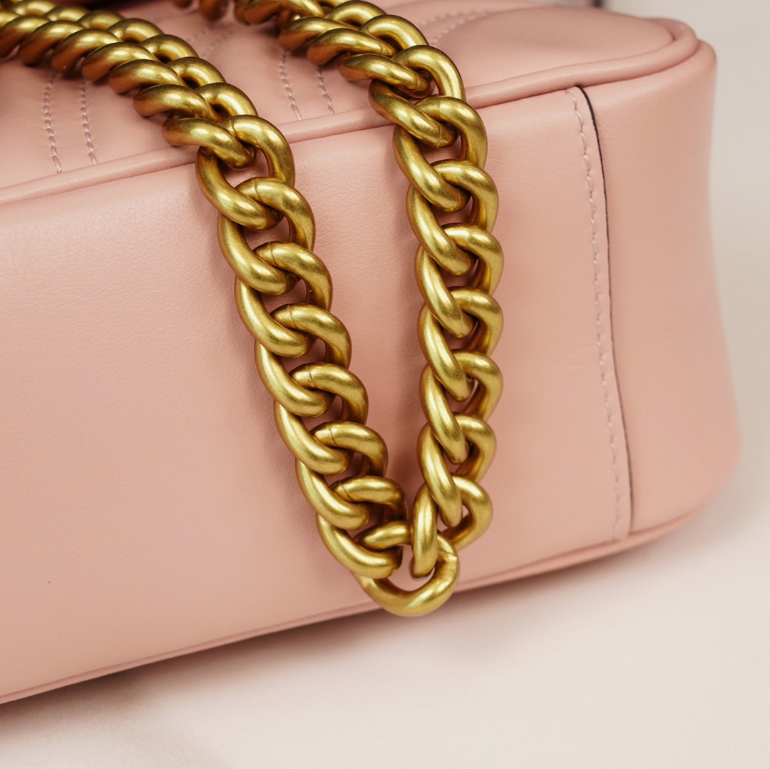 Gucci Marmont Sakura Pink, Large Size, with Leather Top Handle and Chain Shoulder Strap, Stitched V-Shaped Leather Material