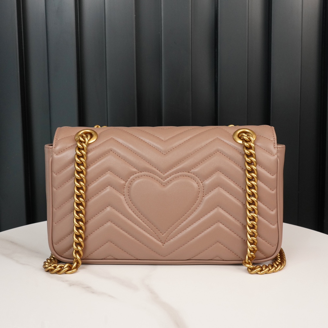 Gucci Marmont Milk Tea Brown, Large Size, with Leather Top Handle and Chain Shoulder Strap, Stitched V-Shaped Leather Material