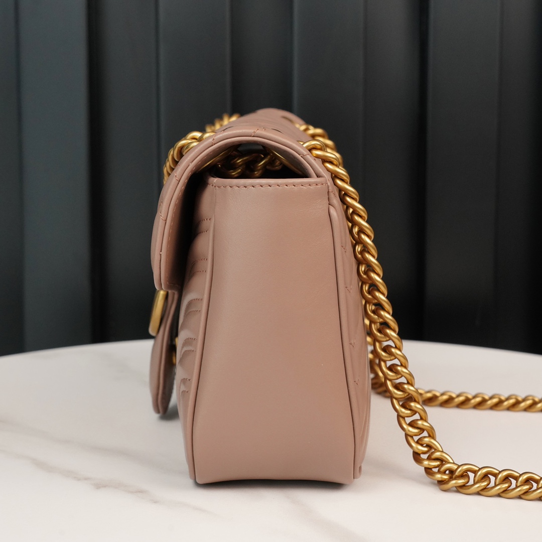 Gucci Marmont Milk Tea Brown, Large Size, with Leather Top Handle and Chain Shoulder Strap, Stitched V-Shaped Leather Material