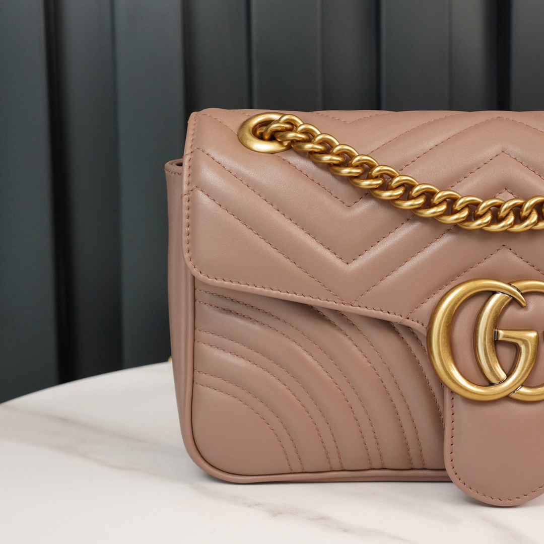 Gucci Marmont Milk Tea Brown, Large Size, with Leather Top Handle and Chain Shoulder Strap, Stitched V-Shaped Leather Material