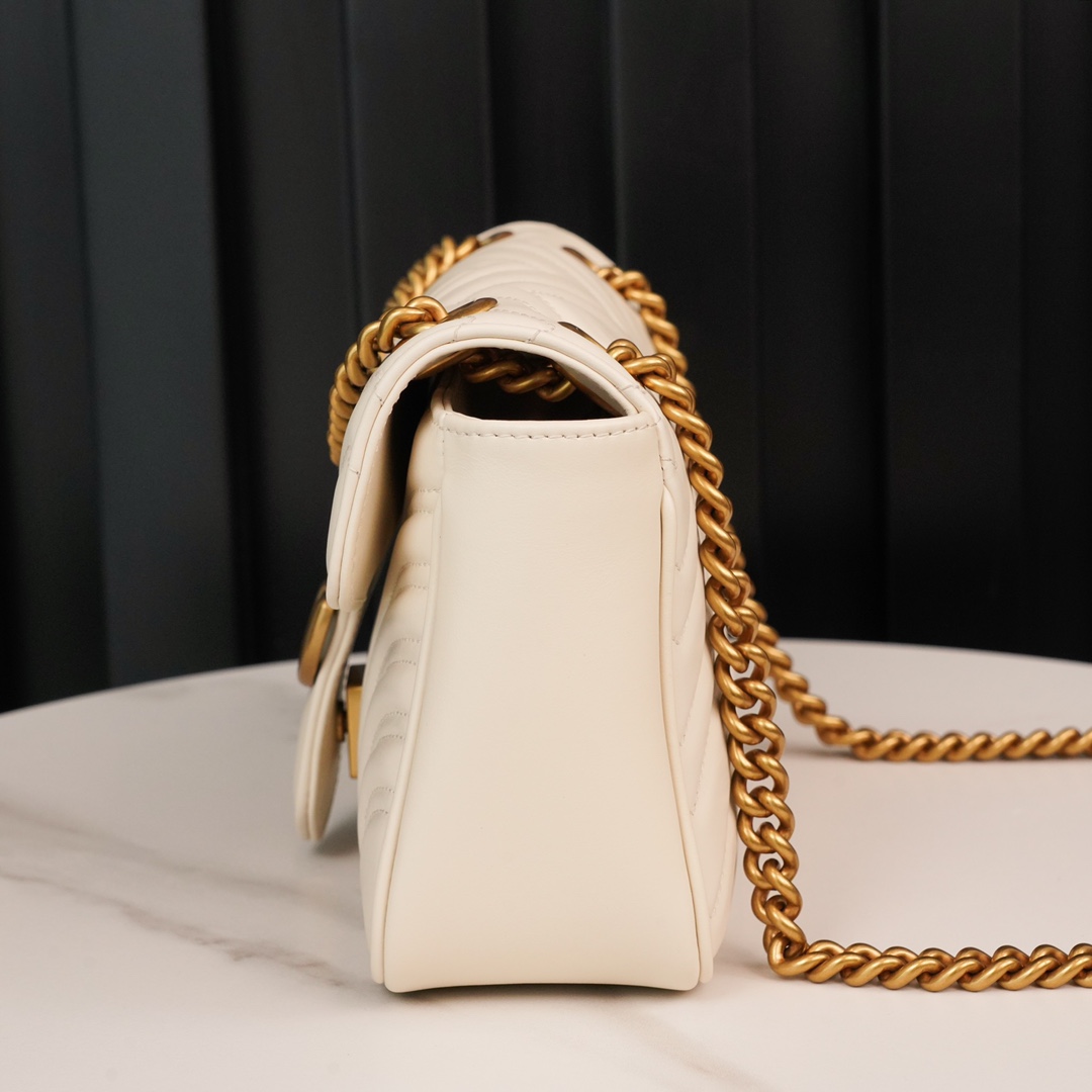 Gucci Marmont White, Large Size, with Leather Top Handle and Chain Shoulder Strap, Stitched V-Shaped Leather Material