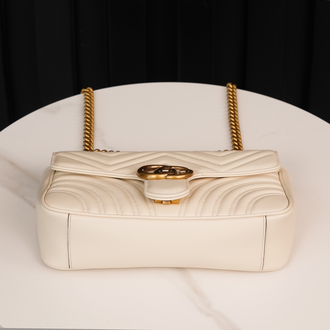 Gucci Marmont White, Large Size, with Leather Top Handle and Chain Shoulder Strap, Stitched V-Shaped Leather Material