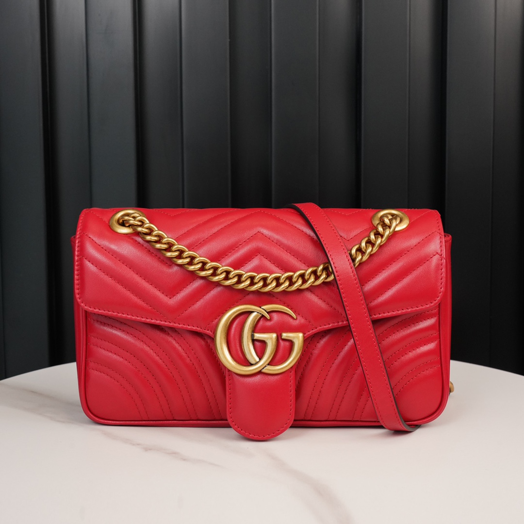 Gucci Marmont Large Red, Large Size, with Leather Top Handle and Chain Shoulder Strap, Stitched V-Shaped Leather Material