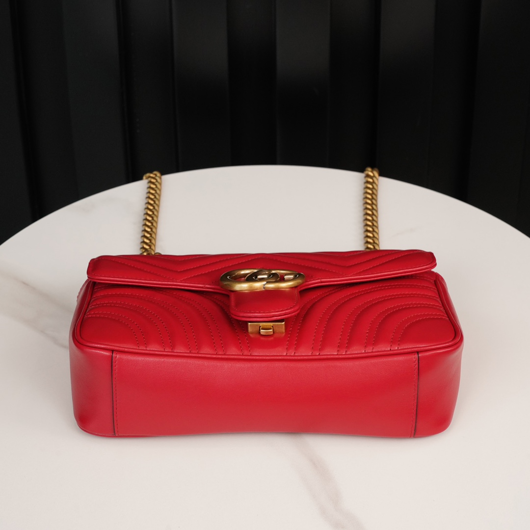 Gucci Marmont Large Red, Large Size, with Leather Top Handle and Chain Shoulder Strap, Stitched V-Shaped Leather Material