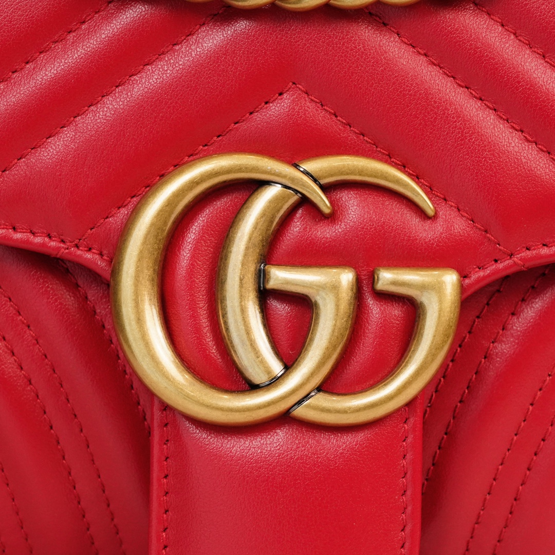 Gucci Marmont Large Red, Large Size, with Leather Top Handle and Chain Shoulder Strap, Stitched V-Shaped Leather Material