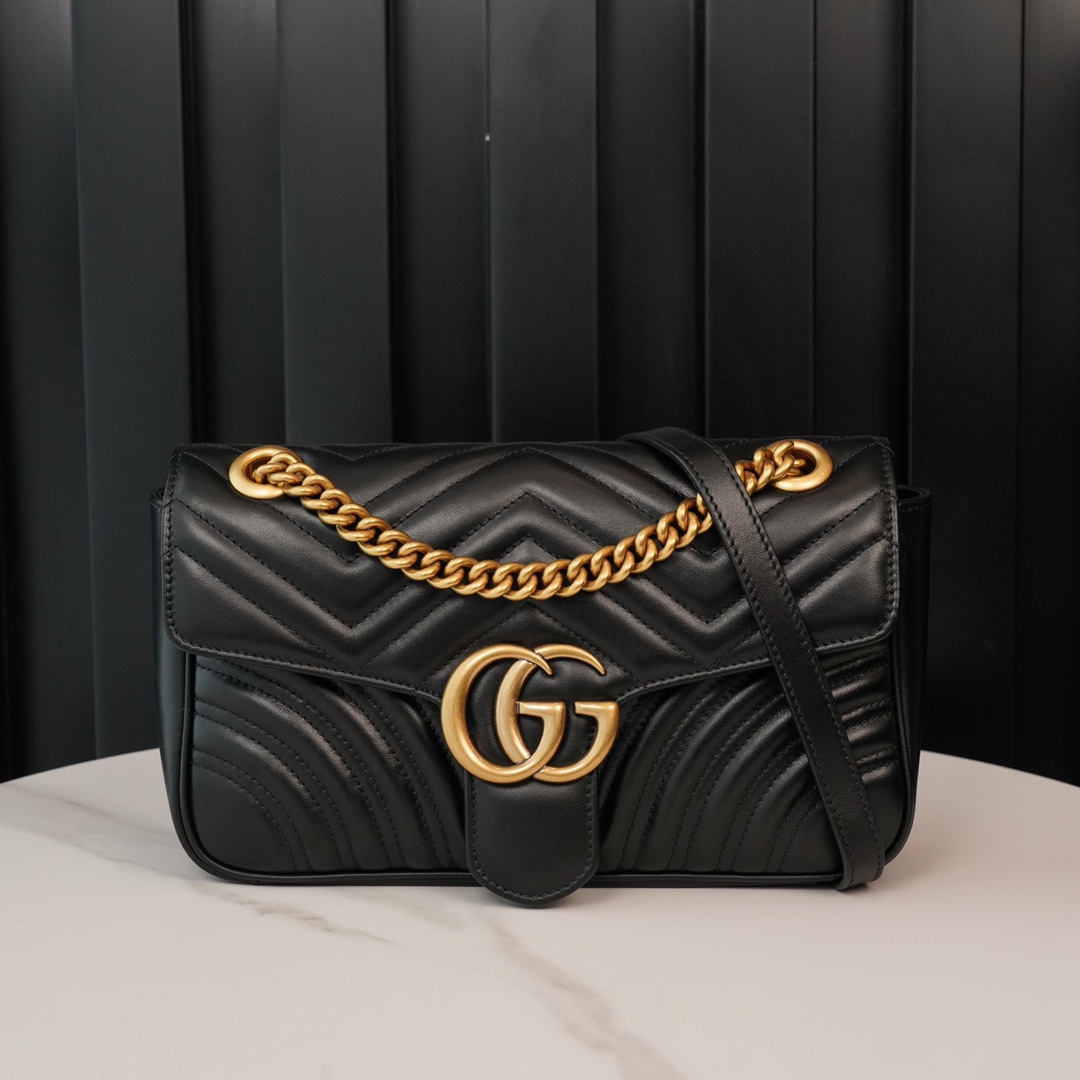 Gucci Marmont Black, Large Size, with Leather Top Handle and Chain Shoulder Strap, Stitched V-Shaped Leather Material