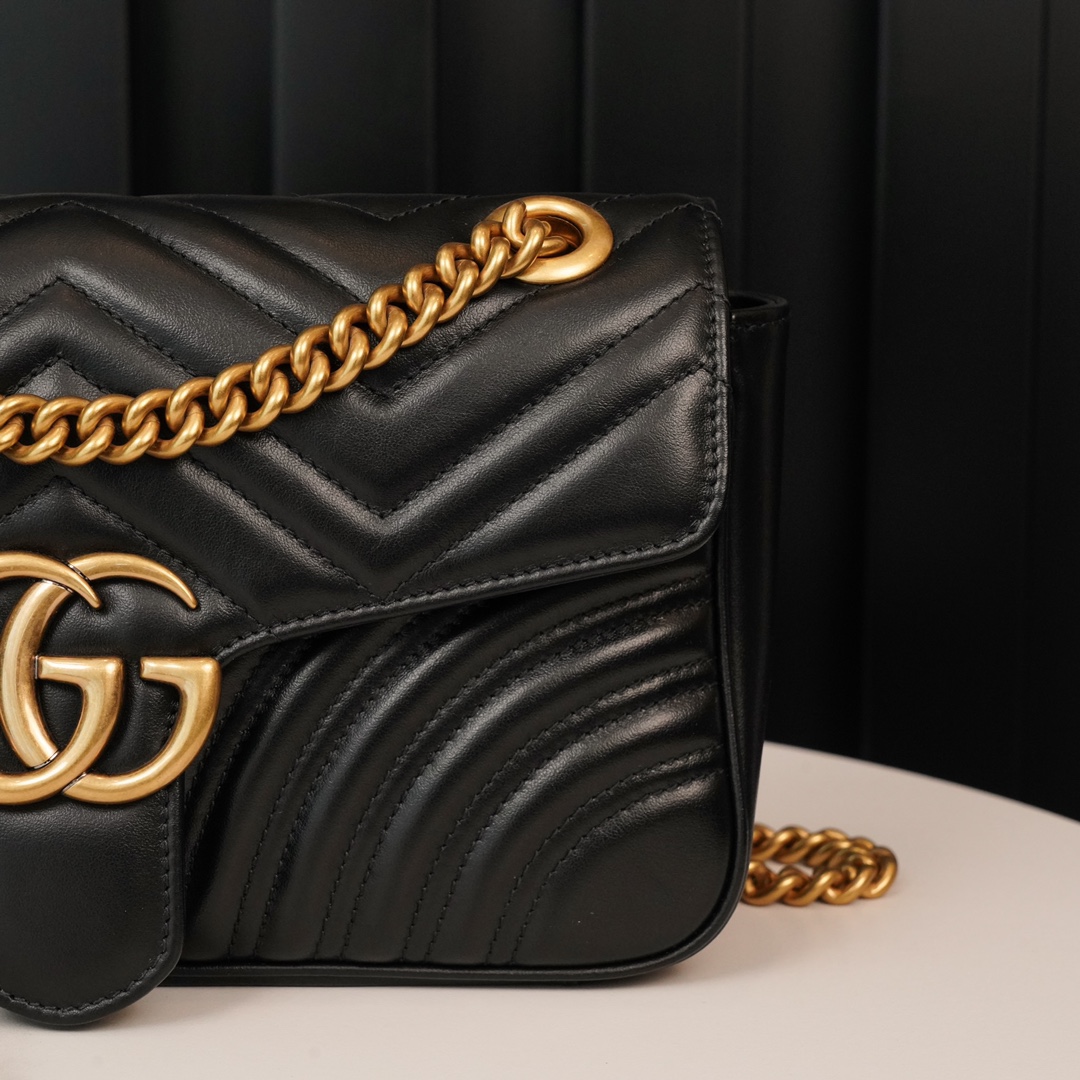 Gucci Marmont Black, Large Size, with Leather Top Handle and Chain Shoulder Strap, Stitched V-Shaped Leather Material