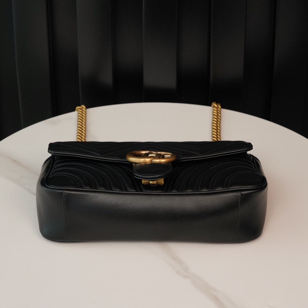 Gucci Marmont Black, Large Size, with Leather Top Handle and Chain Shoulder Strap, Stitched V-Shaped Leather Material