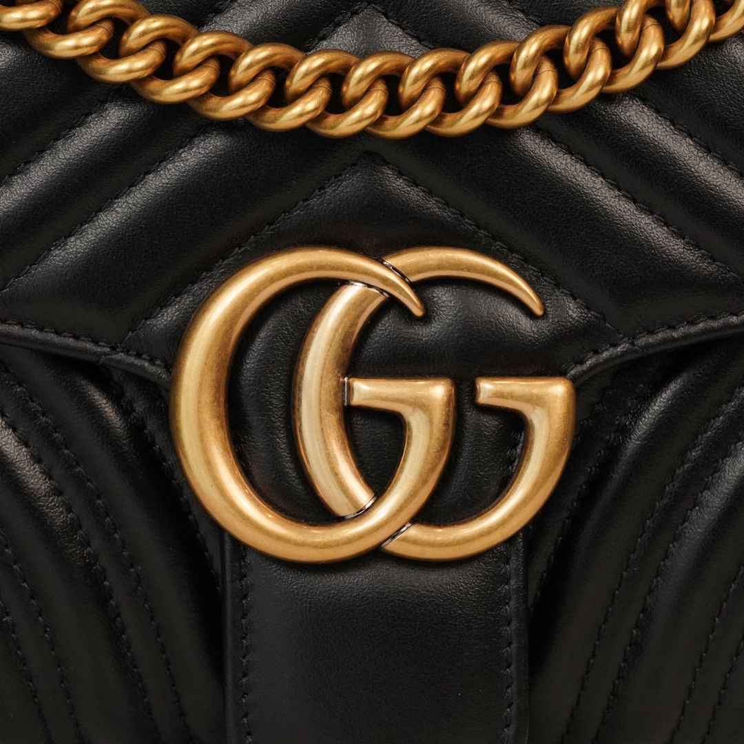 Gucci Marmont Black, Large Size, with Leather Top Handle and Chain Shoulder Strap, Stitched V-Shaped Leather Material