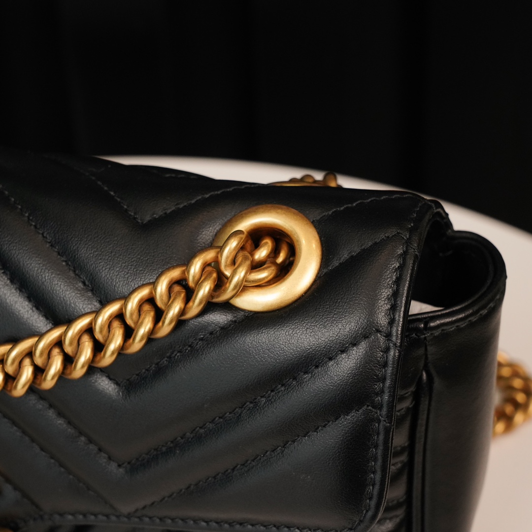 Gucci Marmont Black, Large Size, with Leather Top Handle and Chain Shoulder Strap, Stitched V-Shaped Leather Material