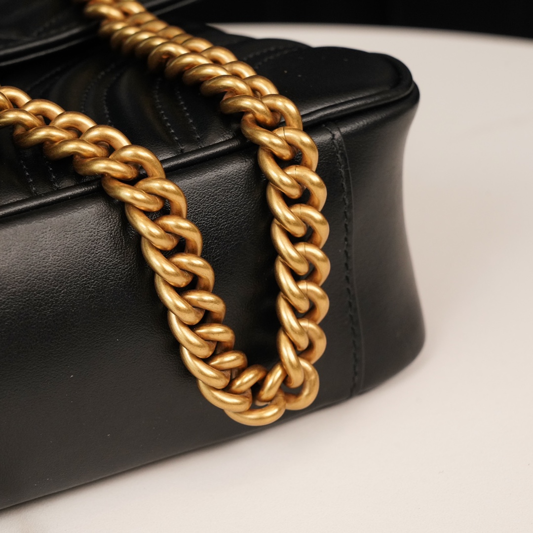 Gucci Marmont Black, Large Size, with Leather Top Handle and Chain Shoulder Strap, Stitched V-Shaped Leather Material