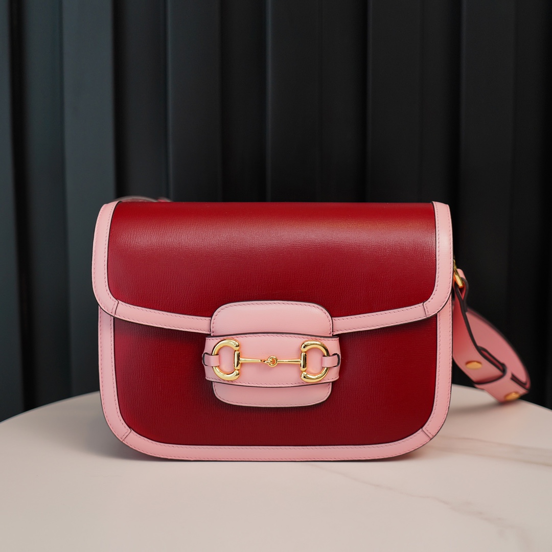 Gucci Horsebit 1955  All Leather Series Red-Pink Color Block, Small Size, Made of Ruby Red Leather Tones