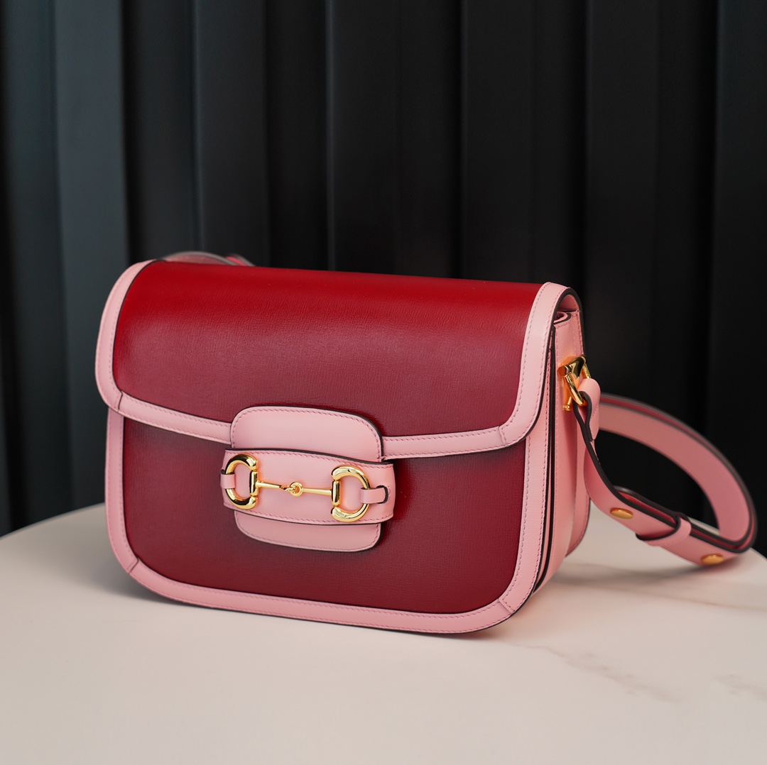 Gucci Horsebit 1955  All Leather Series Red-Pink Color Block, Small Size, Made of Ruby Red Leather Tones