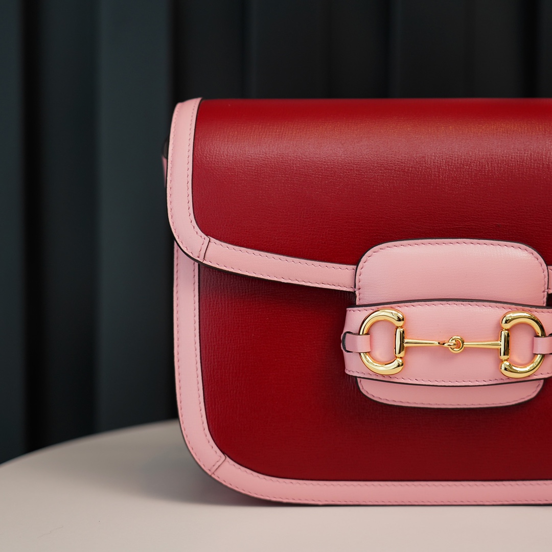 Gucci Horsebit 1955  All Leather Series Red-Pink Color Block, Small Size, Made of Ruby Red Leather Tones