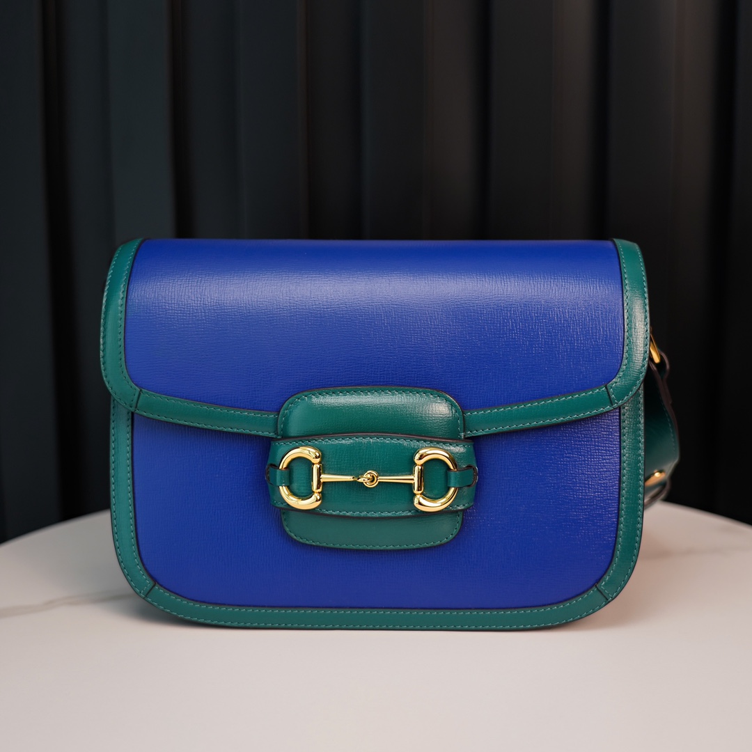 Gucci Horsebit 1955  All Leather Series Sapphire Blue, Small Size, Made of Blue and Green Twill Stitched Leather