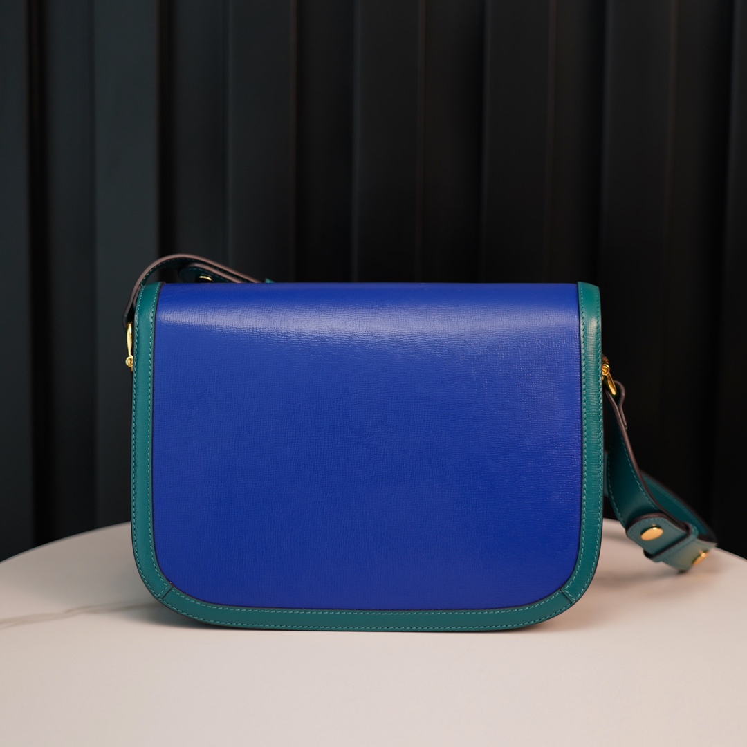 Gucci Horsebit 1955  All Leather Series Sapphire Blue, Small Size, Made of Blue and Green Twill Stitched Leather