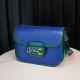 Gucci Horsebit 1955  All Leather Series Sapphire Blue, Small Size, Made of Blue and Green Twill Stitched Leather