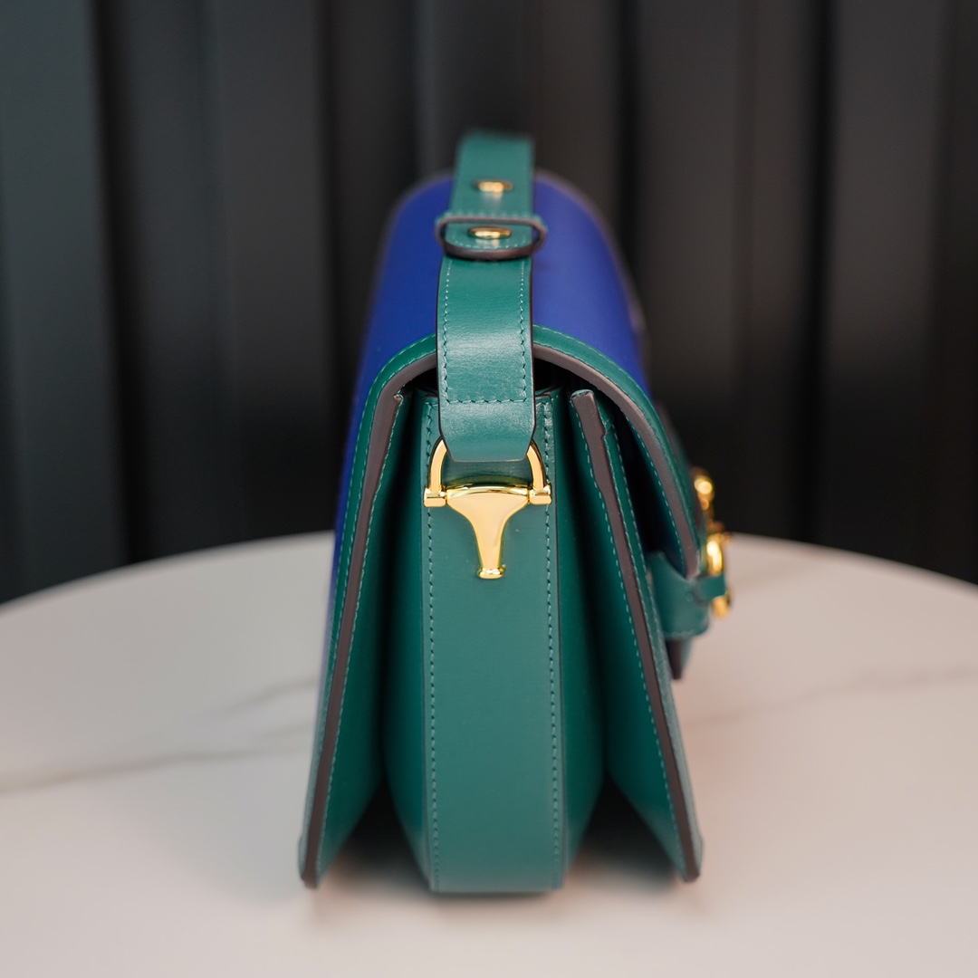 Gucci Horsebit 1955  All Leather Series Sapphire Blue, Small Size, Made of Blue and Green Twill Stitched Leather