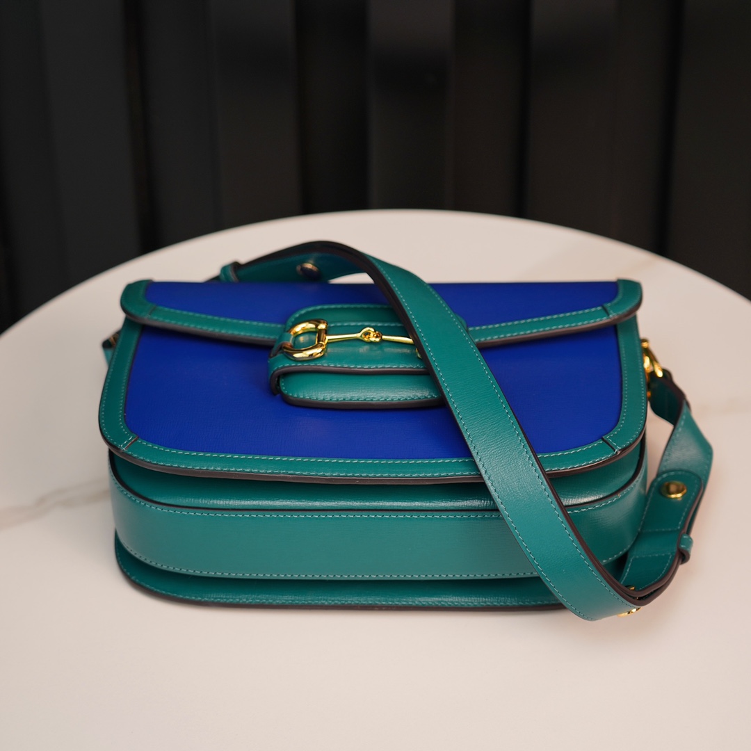 Gucci Horsebit 1955  All Leather Series Sapphire Blue, Small Size, Made of Blue and Green Twill Stitched Leather