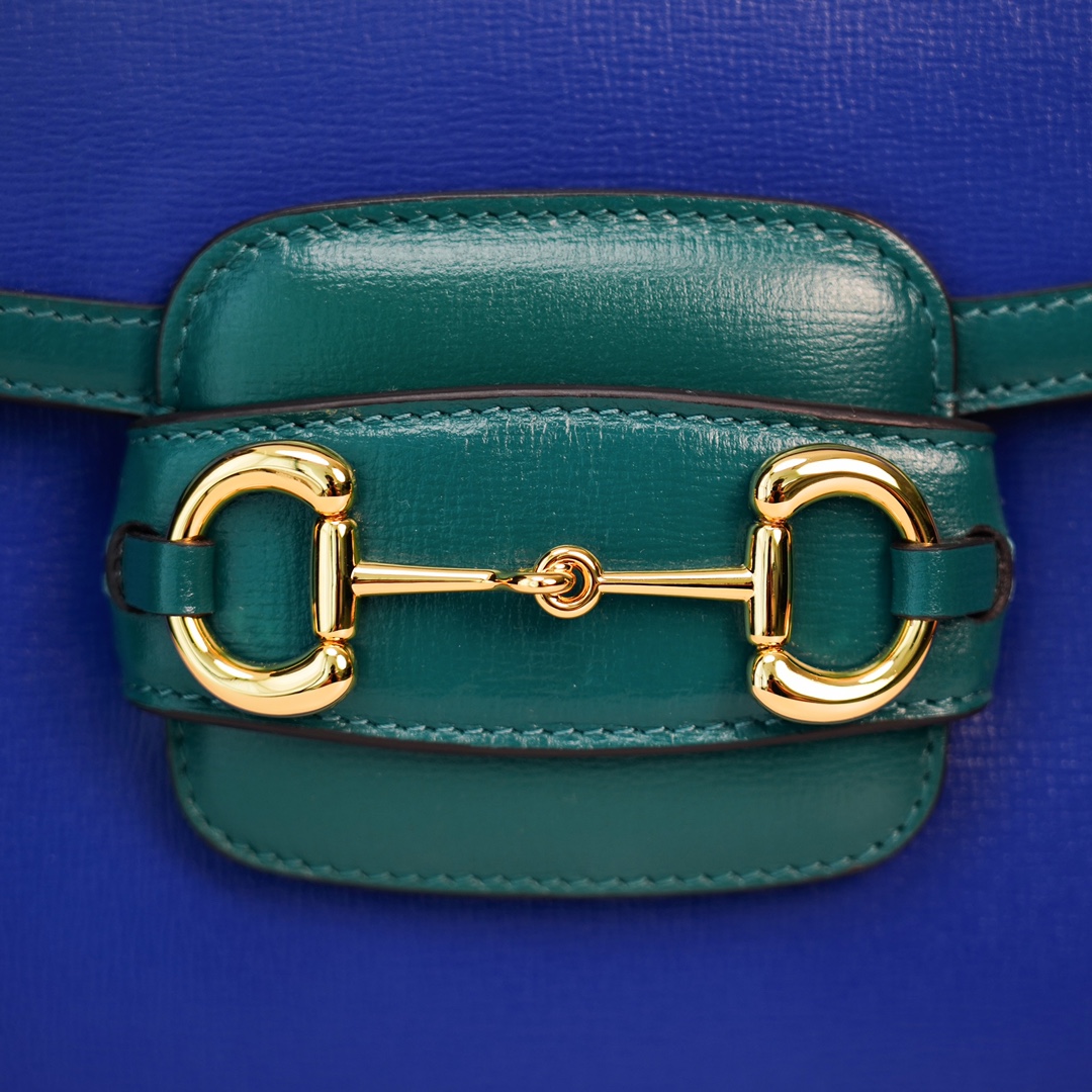 Gucci Horsebit 1955  All Leather Series Sapphire Blue, Small Size, Made of Blue and Green Twill Stitched Leather