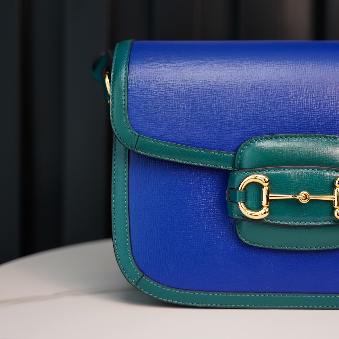 Gucci Horsebit 1955  All Leather Series Sapphire Blue, Small Size, Made of Blue and Green Twill Stitched Leather