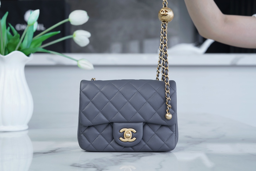 Chanel 23K Classics Flap Bag Metal Ball Square Fatty Dark Grey Most Beautiful Gold Ball Fatty  