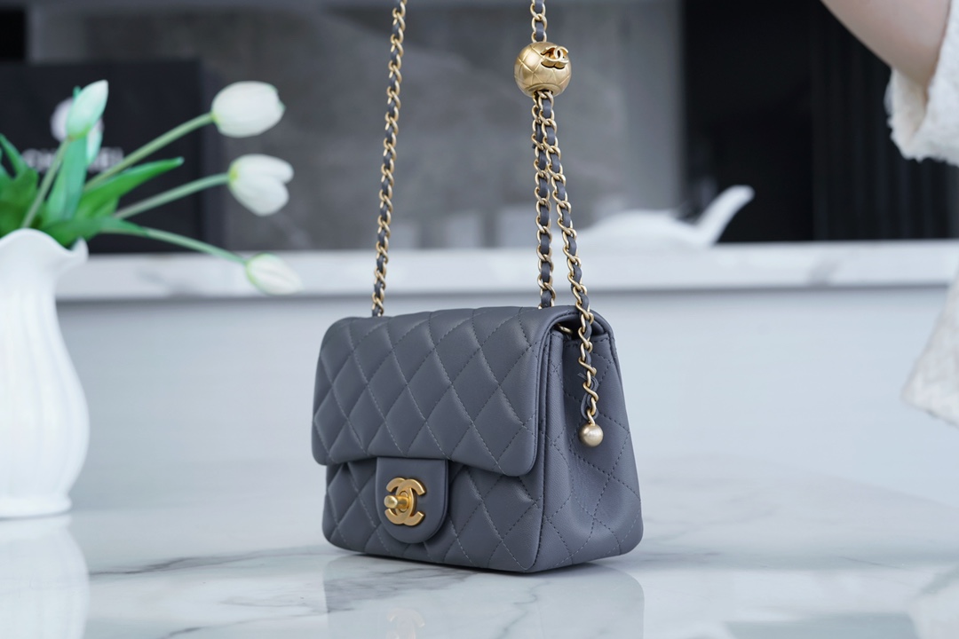 Chanel 23K Classics Flap Bag Metal Ball Square Fatty Dark Grey Most Beautiful Gold Ball Fatty  