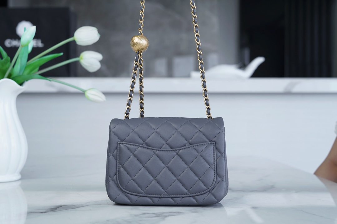 Chanel 23K Classics Flap Bag Metal Ball Square Fatty Dark Grey Most Beautiful Gold Ball Fatty  